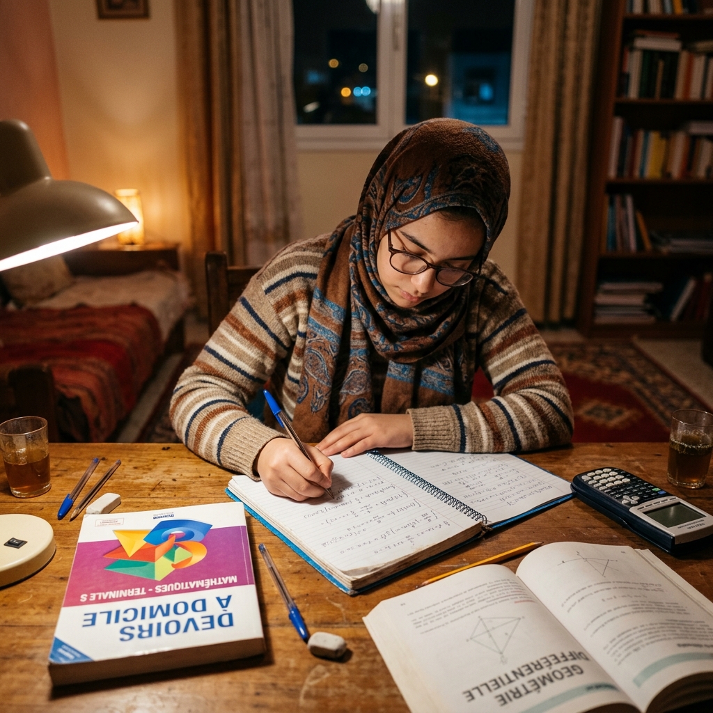 تصحيح الفروض المنزلية للرياضيات بالمغرب - Devoirs à Domicile صورة واقعية لتلميذة مغربية تنجز الفرض المنزلي للرياضيات بنجاح بفضل المساعدة الذكية - Devoirs à Domicile